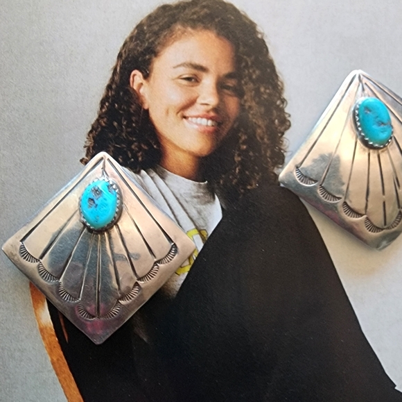 Sterling Silver and Turquoise ( Native Made & Signed) Clip On's - Picture 3 of 7